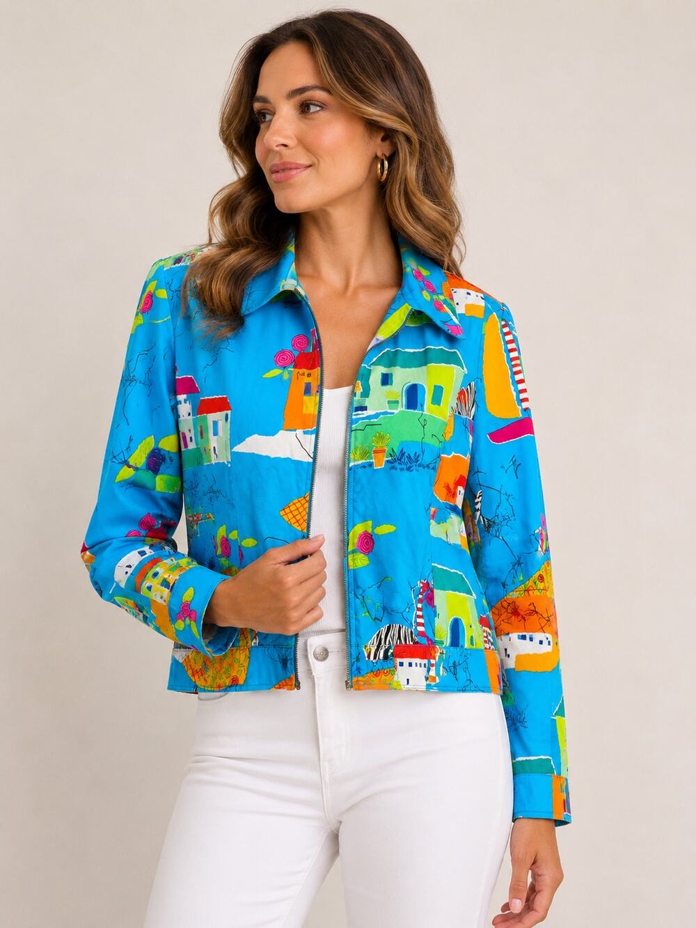 Vintage Elizabeth Dalton Jacket Womens 12 Colorful Novelty Print Cotton Zip 90s